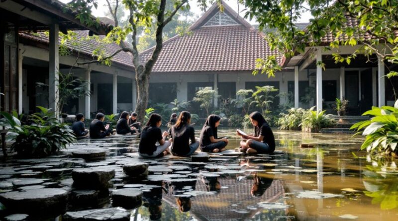 Gambar pondok pesantren dengan siswa belajar di alam.