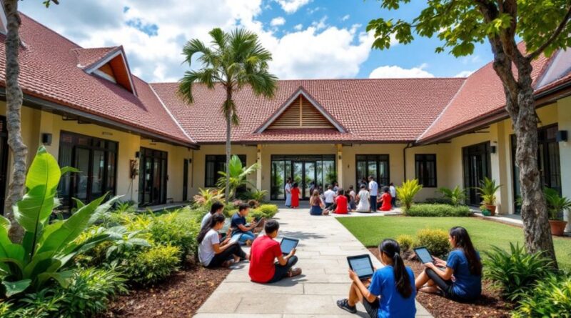 Pesantren modern dengan siswa belajar menggunakan tablet dan laptop.