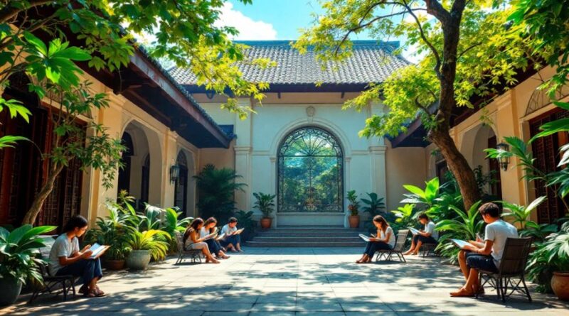 Gambar pondok pesantren dengan suasana damai dan alami.