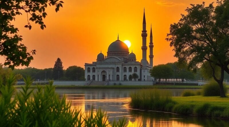 Pemandangan masjid yang indah saat matahari terbenam.