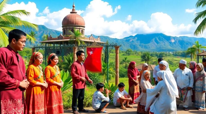 Gambar budaya Indonesia dengan pakaian tradisional dan alam.