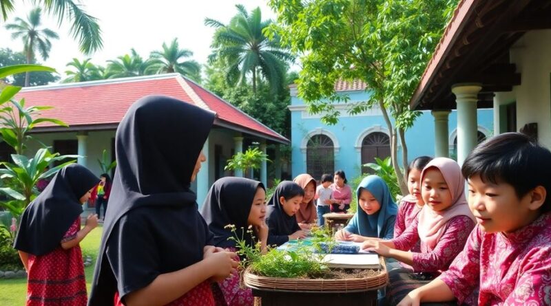 Kehidupan santri di pesantren dengan aktivitas tradisional.